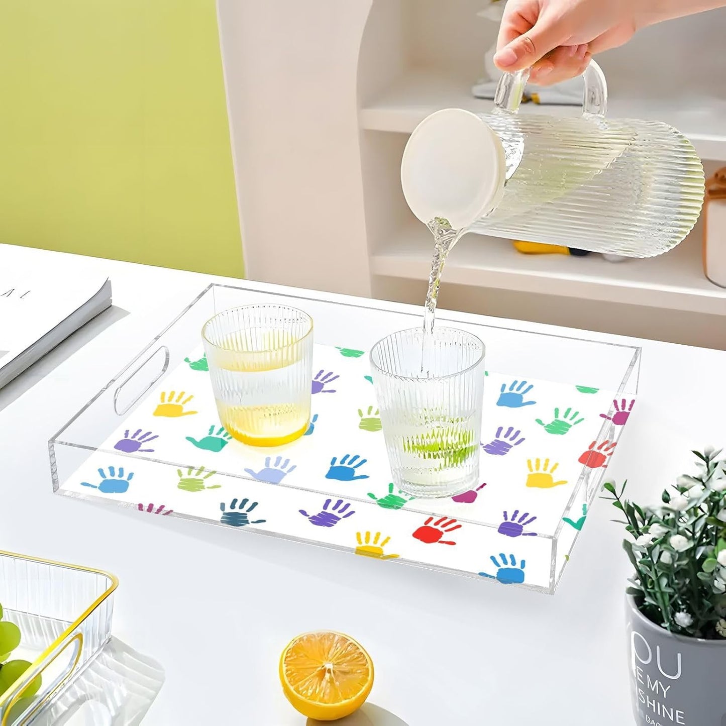 Acrylic Serving Tray with Handles Spill Proof Kitchen Storage Tray Clear Decorative Tray Makeup Drawer Organizer Storage Tray for Bathroom Living Room Ottoman 15.7x11.8Inches