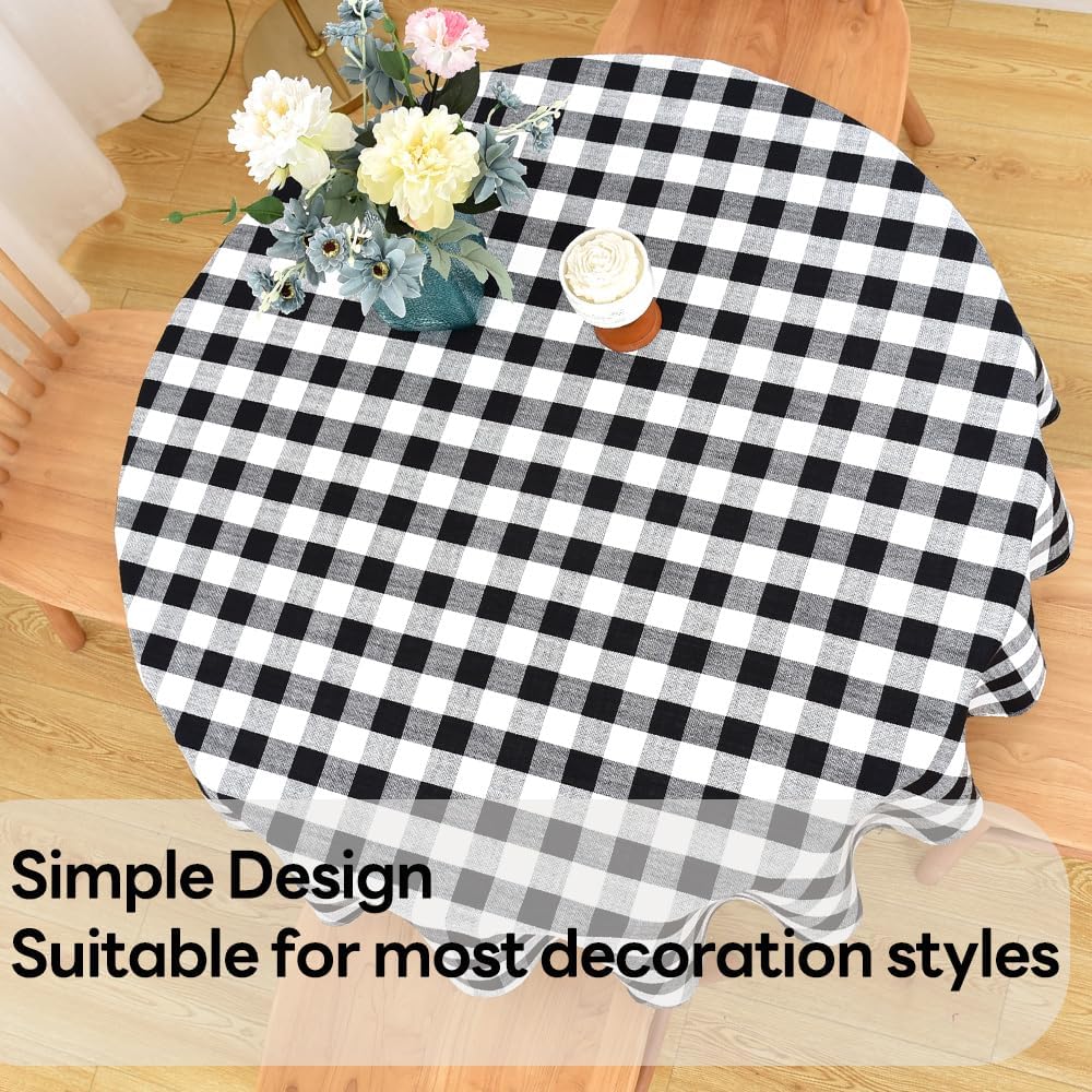 Gingham Round Tablecloth Table Cloth Heavy Duty Cotton Checkered Table Cloth Round Cover for Dining Room (R-Black, 53 inch Diameter)