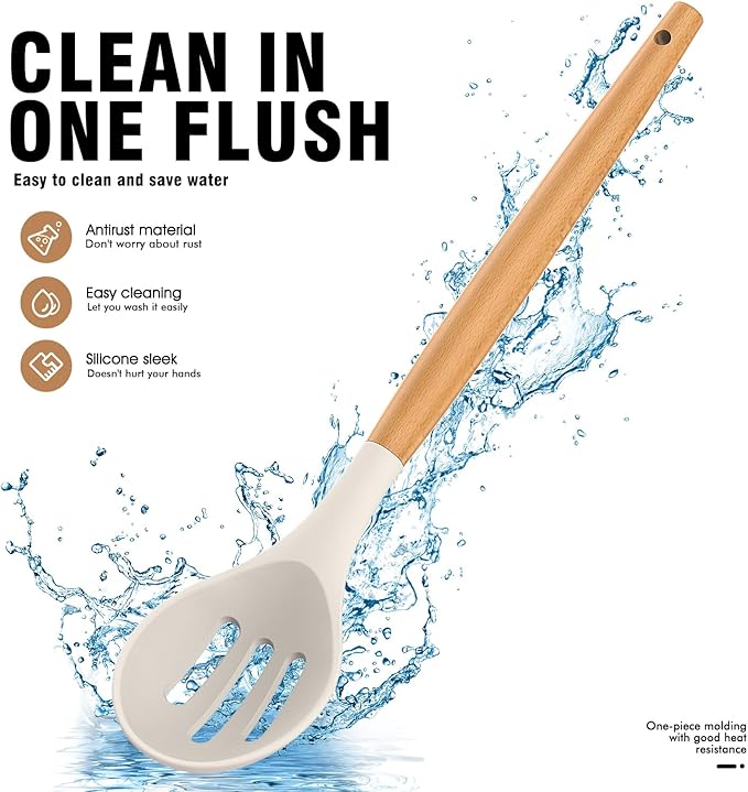 Silicone Cooking Utensils Set - Silicone Kitchen Utensils for Cooking Wooden Handles, 446°F Heat Resistant Kitchen Utensil Spatula Sets w Holder, Gadgets for Non-Stick Cookware BPA FREE (Cream White)