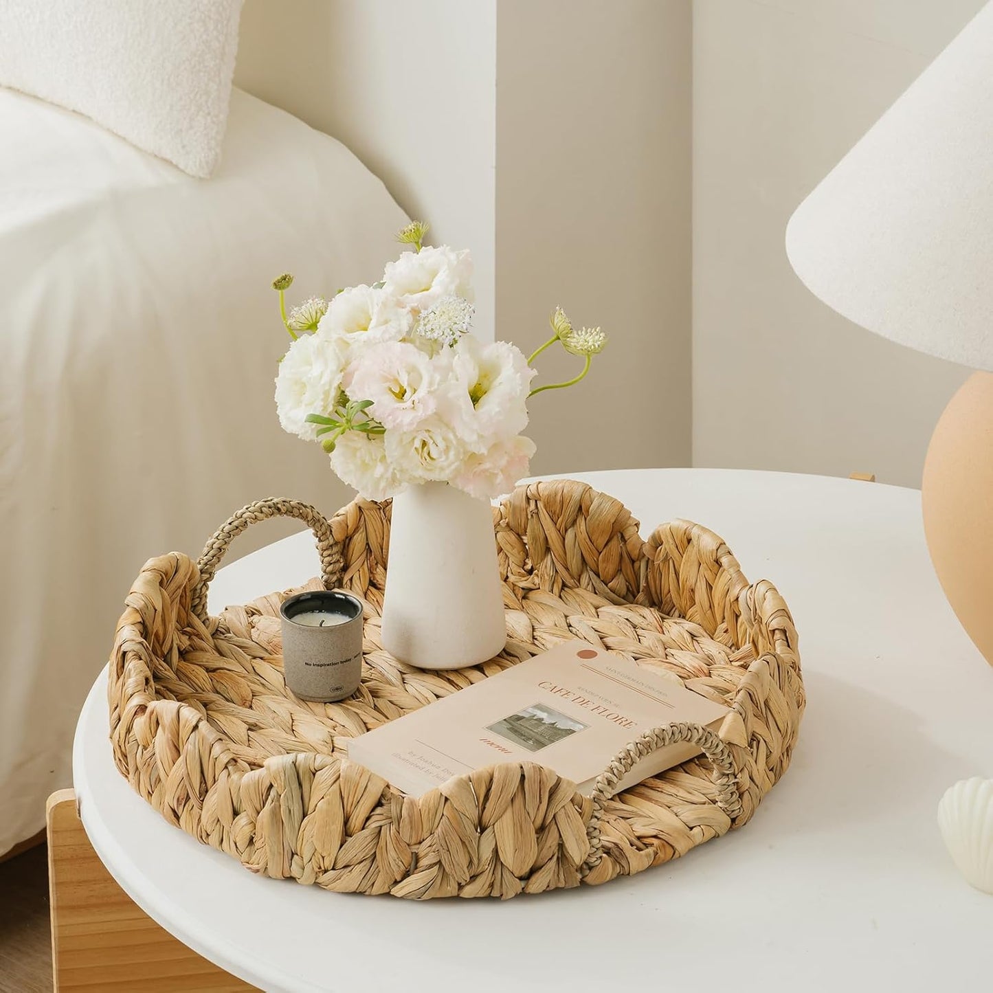 Round Wicker Scalloped Serving Tray with Handles - Seagrass Handwoven Trays,Water Hyacinth Tray for Home Decor and Living Room, Dining Table, Bathroom Organizing, 16.9" L x 16.9" W x 3.5" H