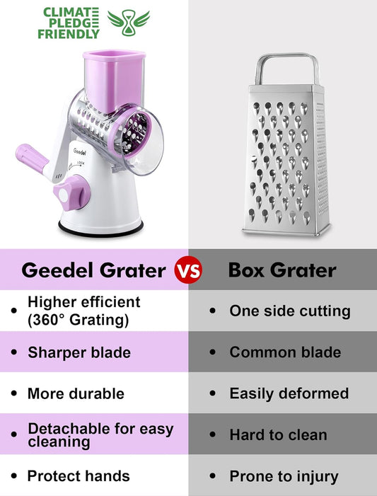 Geedel Rotary Cheese Grater, Kitchen Mandoline Vegetable Slicer with 3 Interchangeable Blades, Easy to Clean Rotary Grater Slicer for Fruit, Vegetables, Nuts
