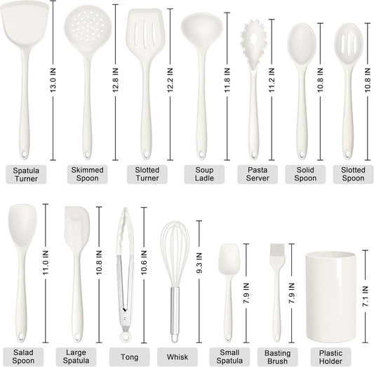 HaWare Kitchen Utensils, 14 PCS Silicone Cooking Utensils Set, Heat Resistant Kitchen Utensils for Non-stick Cookware, Kitchen Gadgets Tools with Spoons, Spatulas, Whisk, Dishwasher Safe (White)