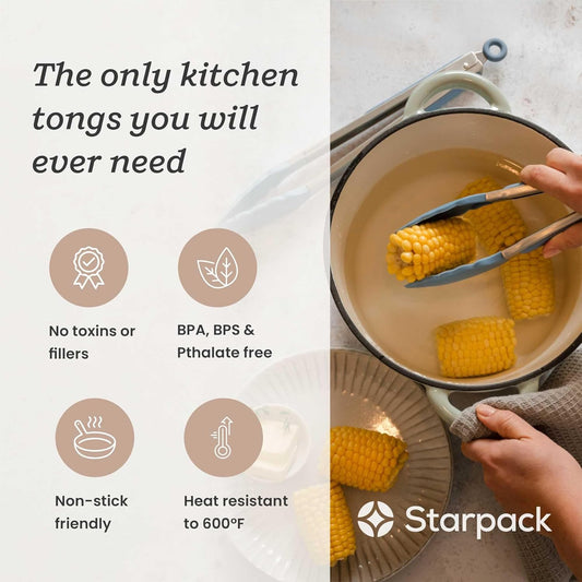 Starpack 'Get a Grip' Silicone Kitchen Tongs for Cooking (2Pcs) - BBQ Tongs for Grill Heat Resistant to 600°F - Stainless Steel Kitchen Utensils w/Non Stick Silicone Tips - 9",12" for Serving Food