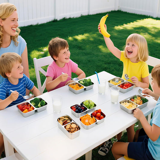 Stainless Steel Snack Containers with Lids - Reusable 2 Compartment Stainless Steel Bento Lunch Box, Food Storage, 6 Pack with Forks, Leak Proof, Dishwasher-Safe, Grab and Go for Work, Camping, Travel