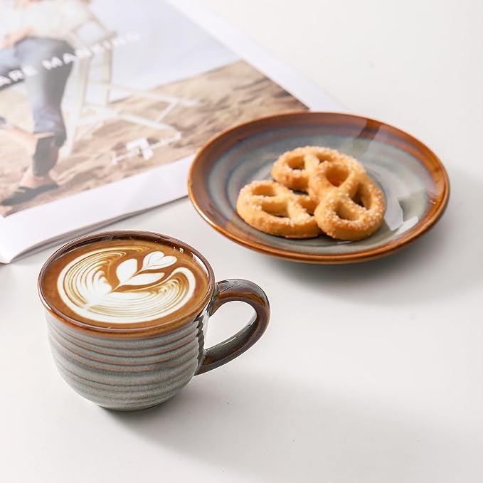 Hasense Espresso Cups with Saucers, 4 oz Small Ceramic Espresso Coffee Mugs Set of 4, Cute Cappuccino Cup Set, Demitasse Cups Perfect for Espresso Shots, Cappuccino, Tea-Grey Brown