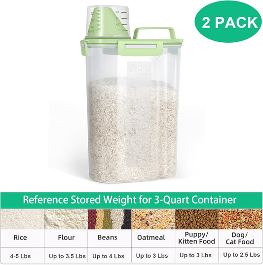 TBMax Rice Container Cereal Storage Container 2 Pack 5 Lbs, Plastic Kitchen Pantry Food Storage Container with Cup, Small Pet Dog Cat Food Dispenser -Green