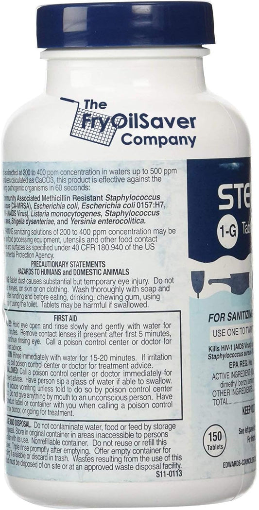 1 Bottle Steramine Sanitizer Tablets - Multi Purpose Steramine Sanitizing Tablets for Food Contact Surfaces in Kitchen, Diners, Hotels, Restaurants & Food Trucks by FryOilSaver Co. (150 Count)