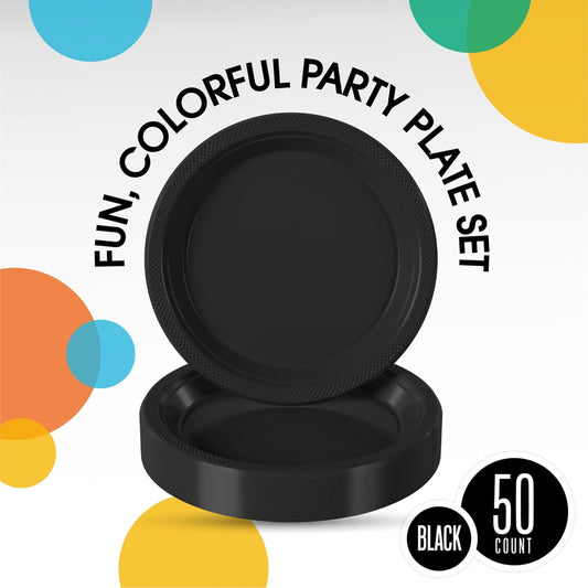 Exquisite Party Solids Black Plastic Plates For Party Supplies 7" Black Disposable Plates Heavy Duty 50 Pcs Plastic Dinnerware Sets Heavy Duty 350 GSM Disposable Dinnerware Set