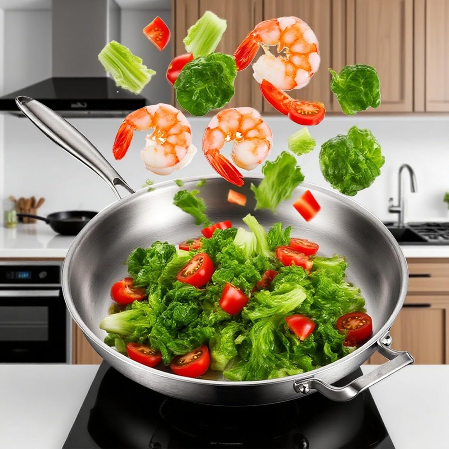 DELARLO Stainless Steel Pan, 14.2 Inch Frying Pan, Tri-Ply Skillet with Lid, Oven Safe Up to 600℉, Stainless Steel Cookware, Fast Even Heat, Large Cooking Surface,Non Toxic Large Skillet