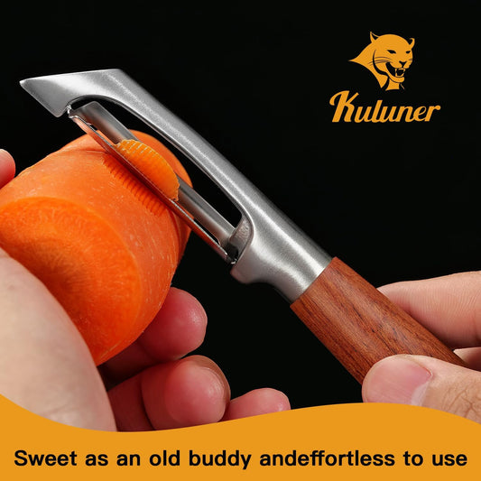 KU LUNER Premium 304 Stainless Steel Multifunctional Kitchen Fruit and Vegetable Peeler with Real Wood Handle,Ultra Sharp Strong Blade