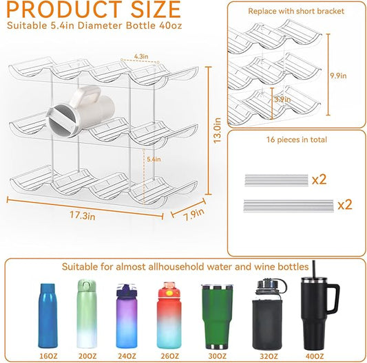 Yieach 3 Tier Stackable Water Bottle Organizer for Cabinets 40 oz Stanley Cup,Yeti and Other Tumbler Organizer,Larger Compartment Stanley Cup Holder,Waterbottle Storage and Wine Rack for Fridge