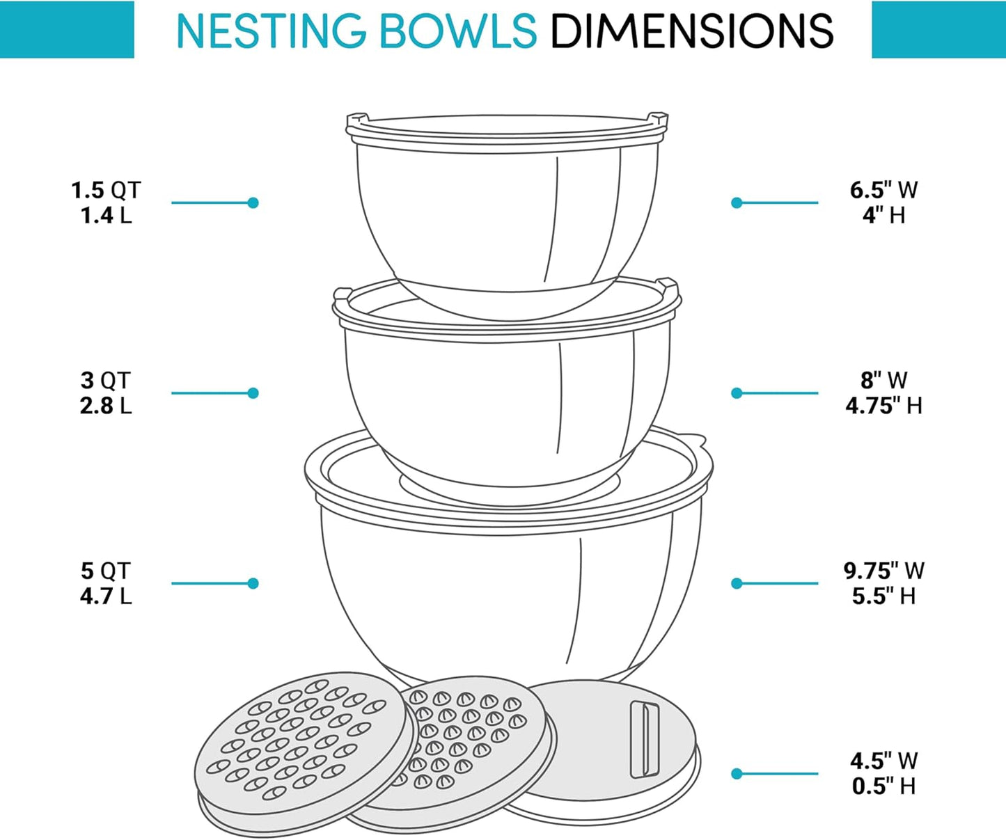 Belwares Mixing Bowls with Lids Set - Nesting Bowls with Graters, Handle, Pour Spout, Airtight Lids - Stainless Steel Non-Slip Mixing Bowl for Cooking, Baking, Prepping, Food Storage (Set of 3)
