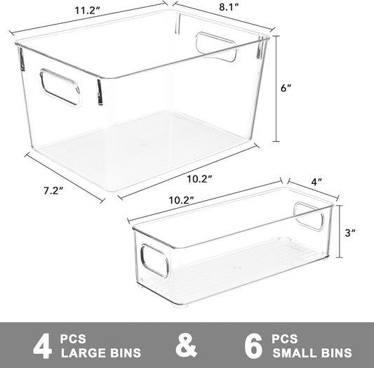 Tiawudi Set of 10 Clear Plastic Storage Bins, 4 Large and 6 Small Stackable Storage Containers for Pantry Organization, Organizer Bins for Home, Kitchen, Bathroom, Office, Cabinet Shelf Organizers
