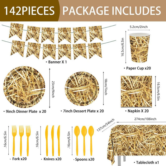 142 Pcs Straw Party Decorations Western Party Decorations Disposable Tableware Set Plates Napkins Cups Serves 20