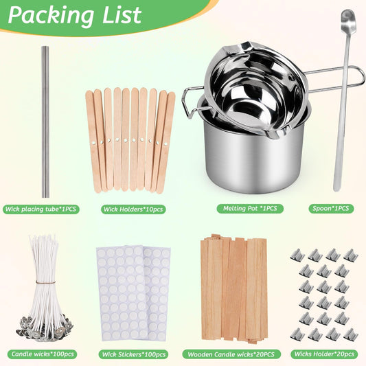 Blingfun Double Boiler Pot Set, Stainless Steel Melting Pot with Candle Wicks, Stickers,Wick Holders,Wick Placing Tube for Soap, Wax, Candle Making