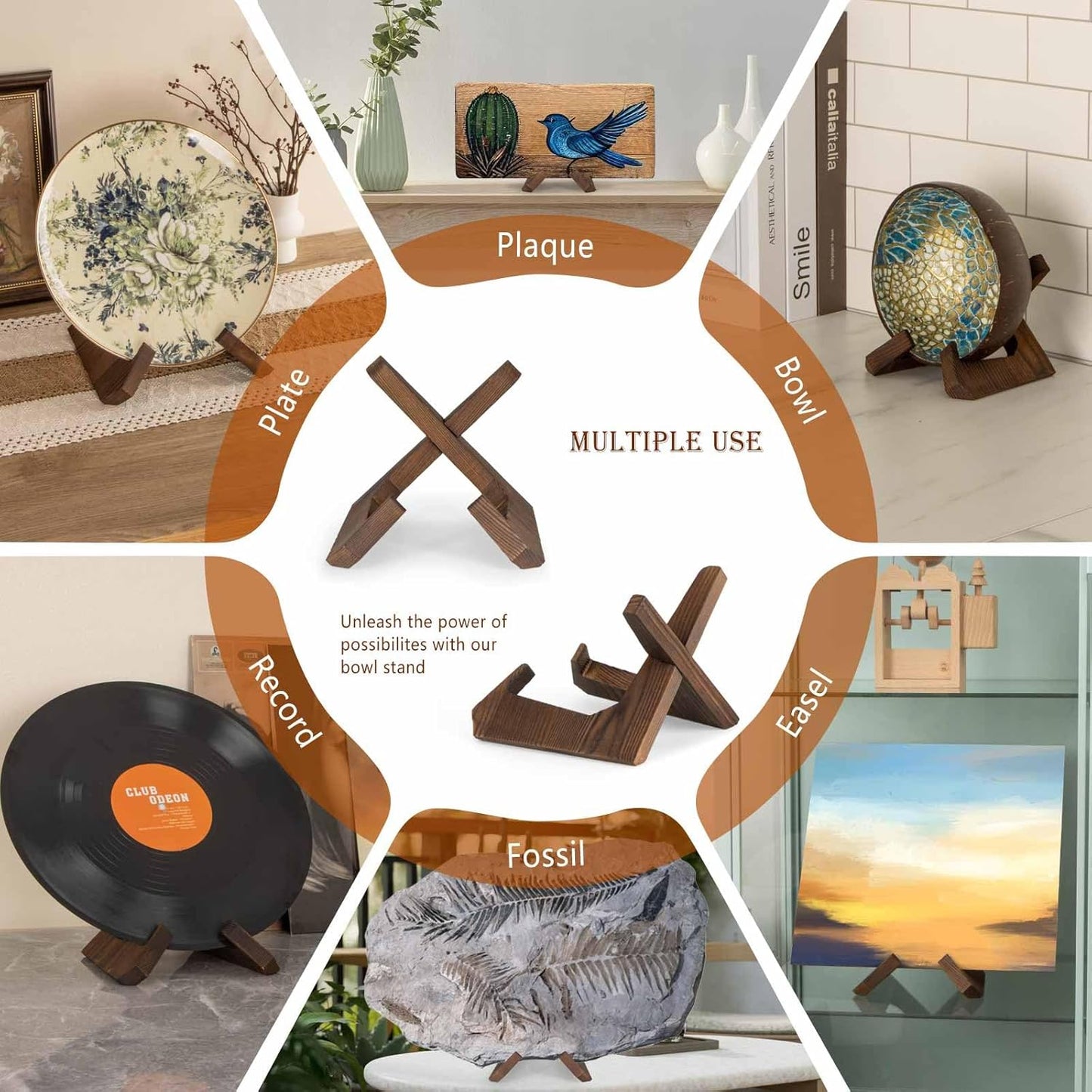 Bowl Stands for Display, 3 Pack 4.5 Inch Plate Holder, Wooden Easel Frame Holder, Display Stand for Large Deep Platters and Dishes, 4.5" H x 6.2" W x 5.5" D(For Bowls under 3.5" in Depth)