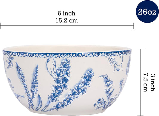 Bico Blue Garden Toile De Jouy Cereal Bowls Set of 4, 26 oz Deep Ceramic Soup Bowls for Cereal, Salad, Noodles, Kitchen, Microwave and Dishwasher Safe, Gift for Housewarming and Thanksgiving