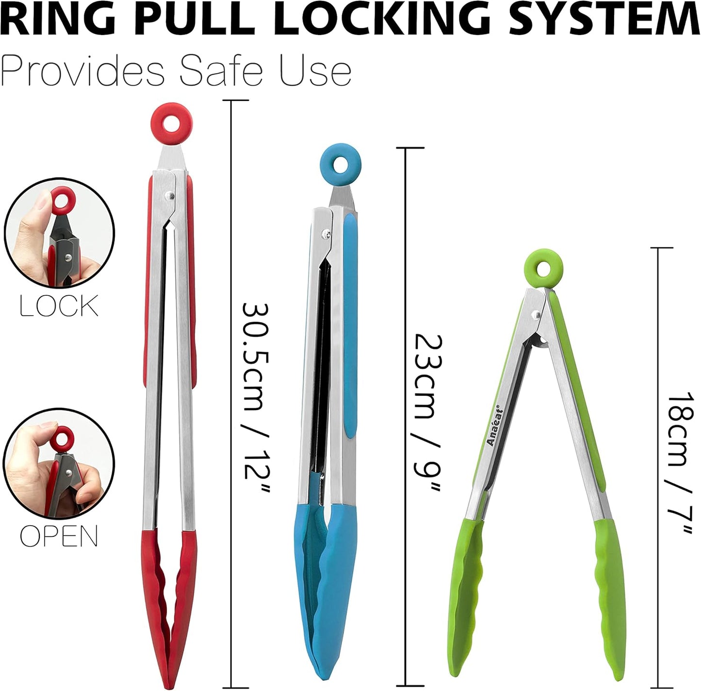 Anaeat Non-Stick Silicone Locking Tong Set of 3 - Stainless Steel 7", 9" and 12" Kitchen Food Tongs with Non-Slip Silicone Tips and Grip for Cooking, Baking and BBQ - Heat Resistant up to 480°F