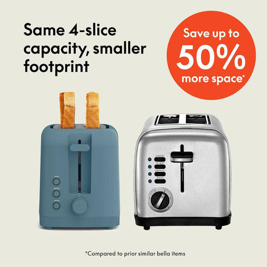 bella 4 Slice Slim Toaster, Fits-anywhere Kitchenware, 6 Setting Shade Control with Reheat & Cancel Buttons, Fits Sourdough, 10” Long Slot, Anti Jam & Auto Shutoff, 900 Watt, Surf