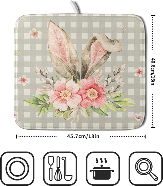 Spring Easter Dish Drying Mats for Kitchen Counter 16×18 Inch Cute Bunny Flowers Small Microfiber Drying Mat Kitchen Accessories Dish Rack Mat Drainer Pad Washable Absorbent