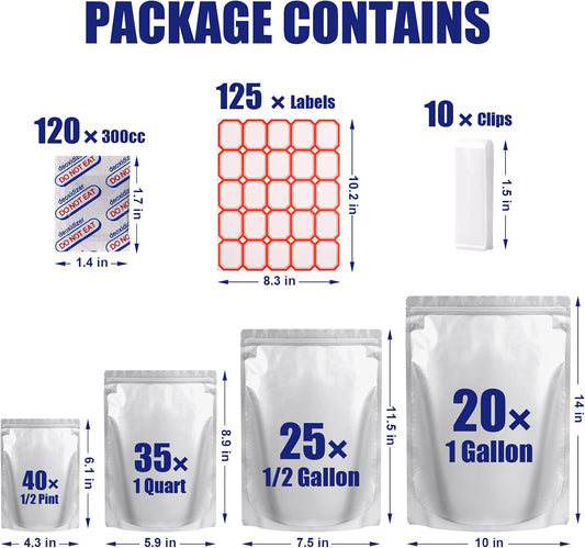 120 Mylar Bags for Food Storage with Oxygen Absorbers 300cc, 8 Mil 1Gallon 10"x14", 7.5"x11.5", 6"x9", 4.3"x6.3" Stand-Up Zipper Resealable Bags & Heat Sealable Food Storage Bags + Labels
