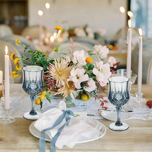 7OZ Plastic Wine Glasses, 48Pcs Blue Reusable Drinking Cups Vintage Champagne Flutes, Plastic Crystal Water Goblets for Parties Stemmed Shatterproof Drinking Glasses for Wedding, Toasting Party