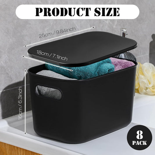 Hoolerry 8 Pieces Colorful Storage Bins with Lid, Plastic Storage Basket Organizing Container Stackable Box with Handle for Shelves Desktop Playroom Office(9.8 x 7.1 x 6.3 Inch,Black)