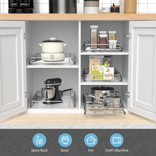 ZOINLIY Pull Out Cabinet Organizer, Versatile Slide Out Kitchen Organizers and Storage,Heavy Duty Drawer Cupboard Storage Basket, Smooth Sliding, Chrome Finish,14.8" W x 21" D