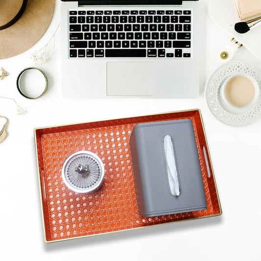 Orange Decorative Coffee Table Tray, Rectangular Plastic Serving Tray with Handles for Living Room, Ottoman, Bathroom, 15.7"*10.2"