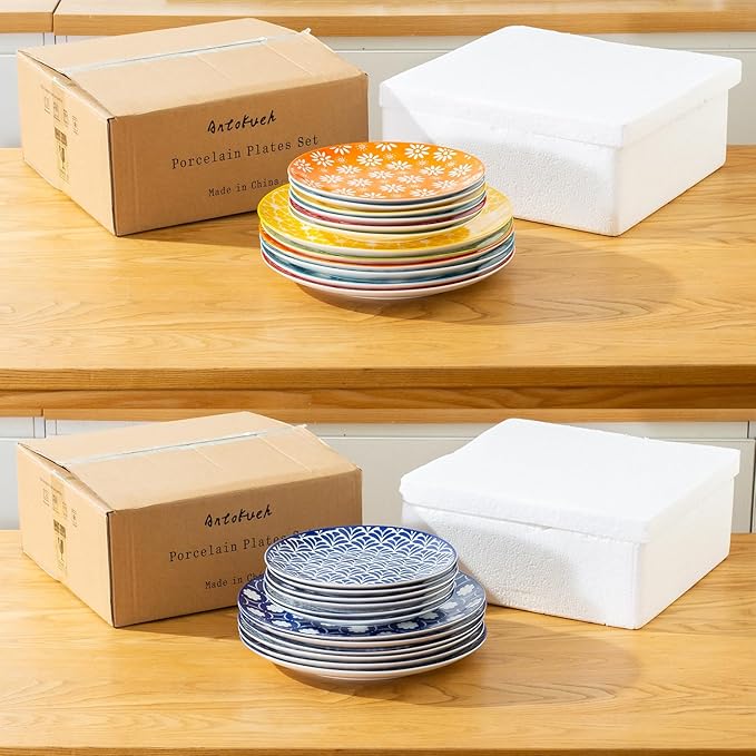 AntoKueh Ceramic Salad Plates Set of 6, 8 Inch Blue and White Small Dessert Plates, Porcelain Plate for Appetizer, Snacks, Dishwasher & Microwave Safe