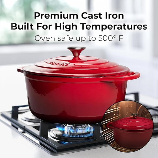 Zulay Kitchen 6 Quart Enameled Cast Iron Dutch Oven Pot with Lid – Premium Durability & Oven Safe up to 500°F – Heavy Duty Cookware Perfect for Bread Baking, Stews, Braising & Roasting – Red