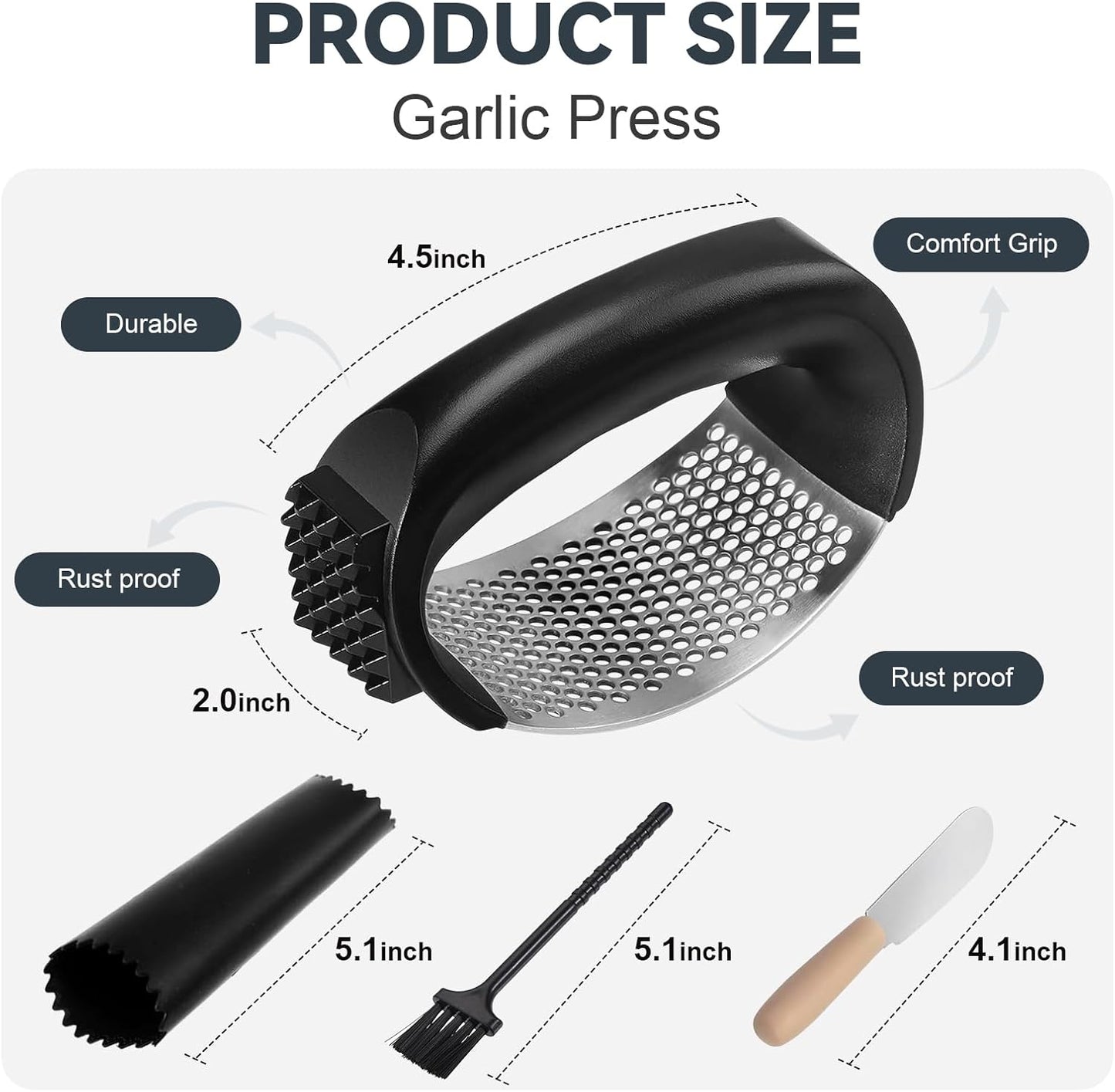 2 Pack Garlic Press Rocker Set – Innovative Stainless Steel Garlic Mincer & Crusher with 2 Peelers, 2 Scrapers, and 2 Brushes for Effortless Garlic Prep | Complete Garlic Tool Kit (BLACK)