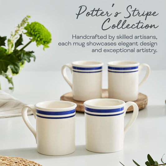 Portmeirion Potter's 9oz Stripe Breakfast Mug (Set of 4) - Elegant Earthenware Tea Mugs with Handle, Microwave, Dishwasher & Freezer Safe - Classic Stripe Design, Ideal Gift for Coffee Lovers (Blue)