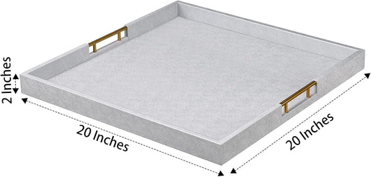 20x20 Inches Large Silver Faux Leather Wrapped Wood Ottoman Tray with Handles for All Occasions, Serving Food Breakfast On Bed, Home Decor Decorative, Living Room,Square Coffee Table Organizer