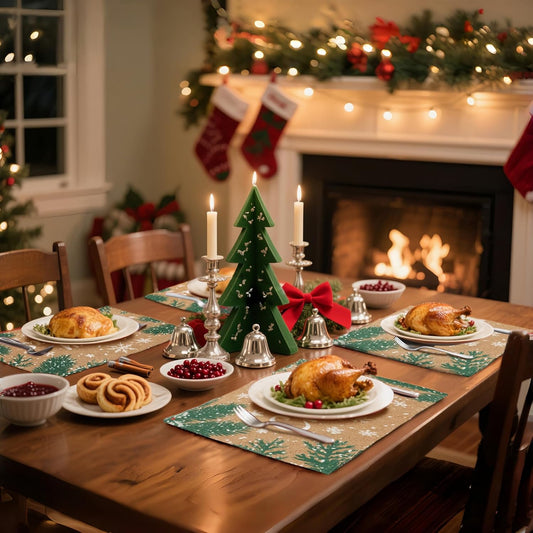 MANSPHIL Brown Christmas Placemats Set of 4 Snowflake Fabric Table Mats Farmhouse Table Decor Cotton Faux Linen Place Mats Heat Resistant Washable Dining Kitchen - 13x19 Inch Oeko Tex Placemat