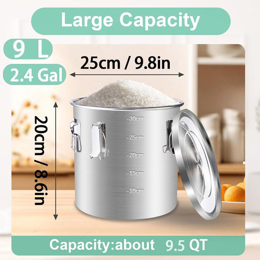 304 Stainless Steel Airtight Canister, 9L/2.4Gal Food Storage Containers with Lid and 4 Locking Rice Container for Flour Sugar Grain Kitchen Bucket