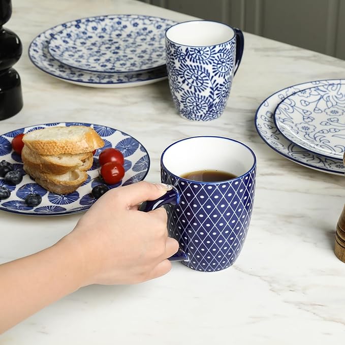 Selamica Ceramic Dinnerware Sets for 4, 16 Pieces Dishes Set, Scratch Resistant Plates and Bowls Sets, Microwave and Dishwasher Safe (Vintage Blue) A