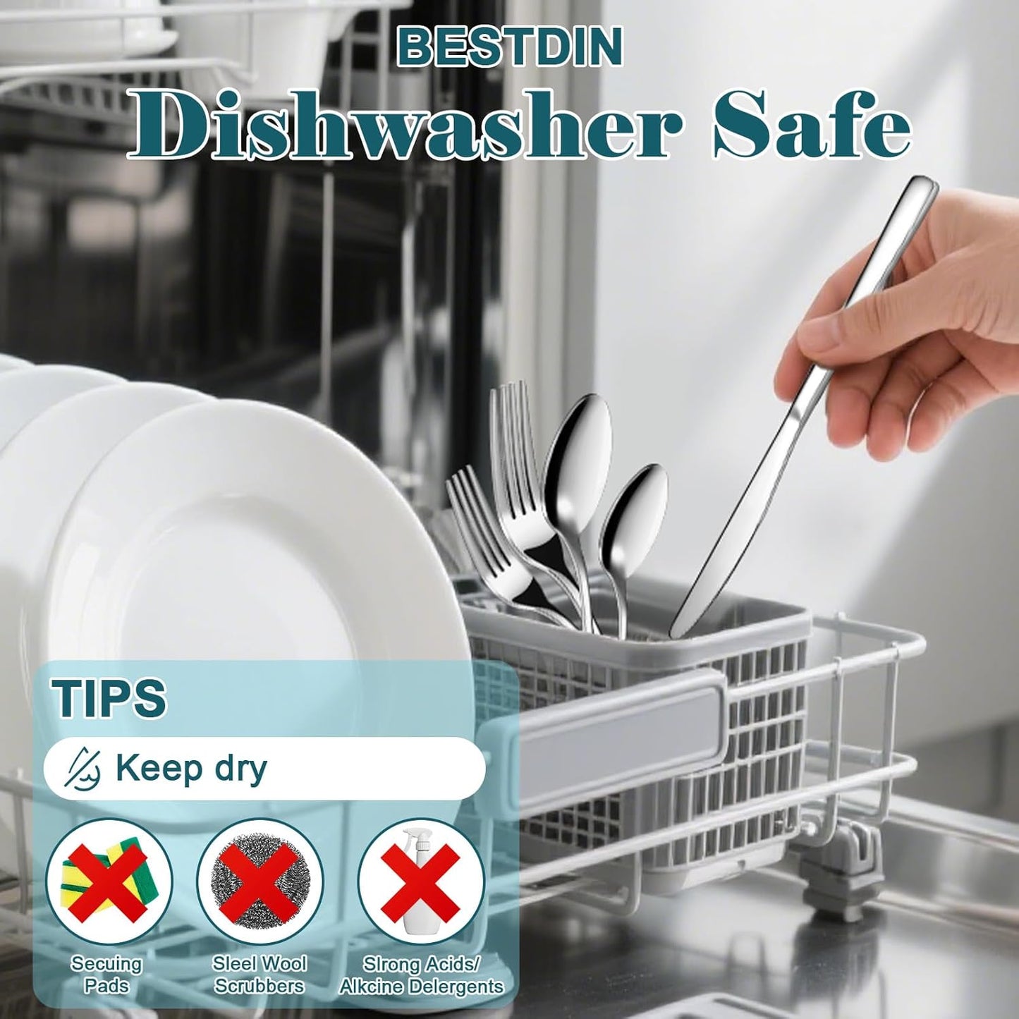 Bestdin 60 PCS Silverware Sets - Mirror Polished Flatware Set for 6, Including Knives, Spoons and Forks, Cutlery Set, Dishwasher Safe & Stainless Steel Silverware for Wedding Gift, Home & Party Use