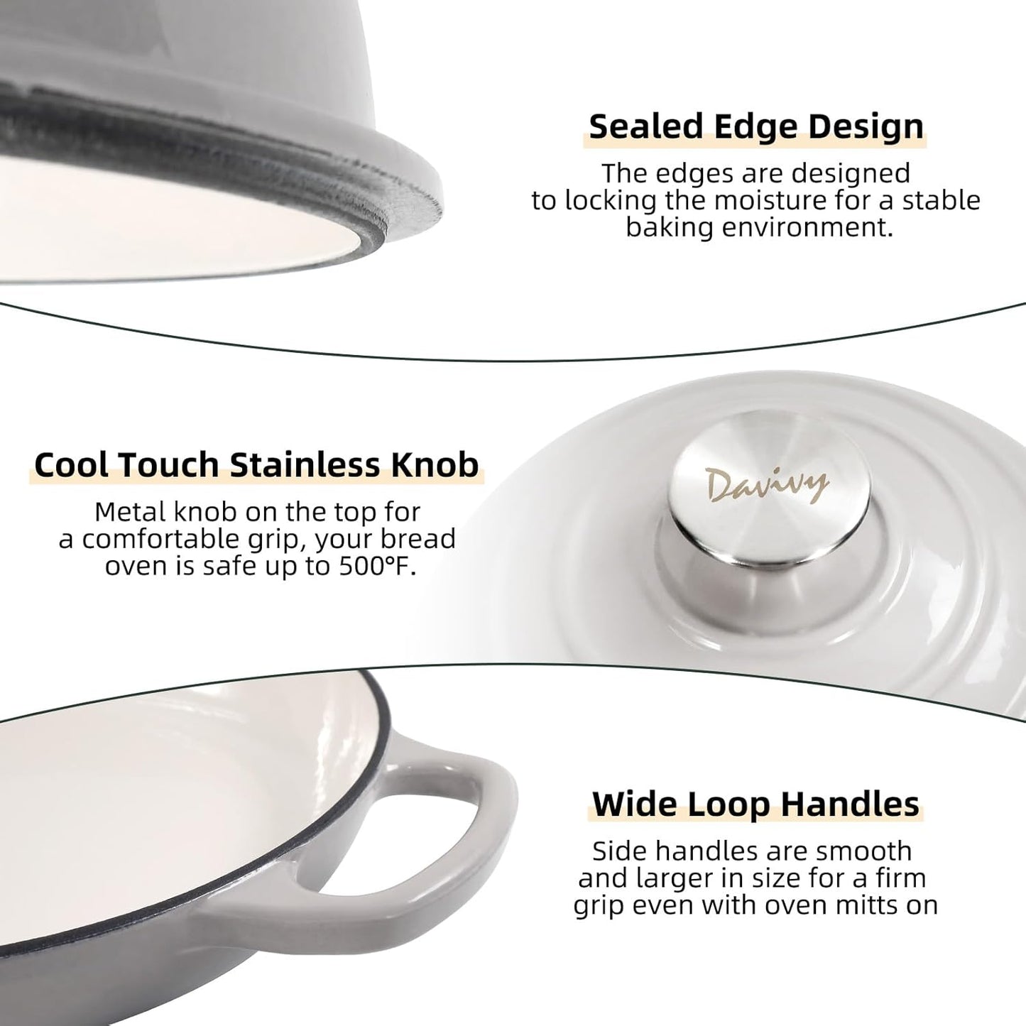 Davivy 5.5QT Cast Iron Dutch Oven with Lid, Bread Dutch Oven for Sourdough Bread, 10" Round Sourdough Bread Baking Pan, Enameled Cast Iron Bread Oven - Light Grey