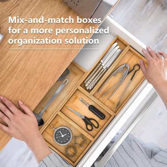 Bamboo Kitchen Drawer Organizer,Stackable Silverware Tray Utensil Organizer Cutlery Holder for Kitchen,Wooden Storage Box for Bathroom, Multi-Use Storage Bins Boxs Dividers for Office(9x6x2.5 inch)