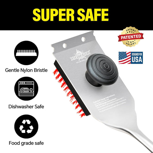 Nylon Grill Brush,Dual Grip Design,with Extended Luxurious Acaciawood Handle,Safe Nylon Bristles Barbecue Triple Scrubbers Cleaning Brush for Cast Iron Grates/Porcelain/Charcoal Grill