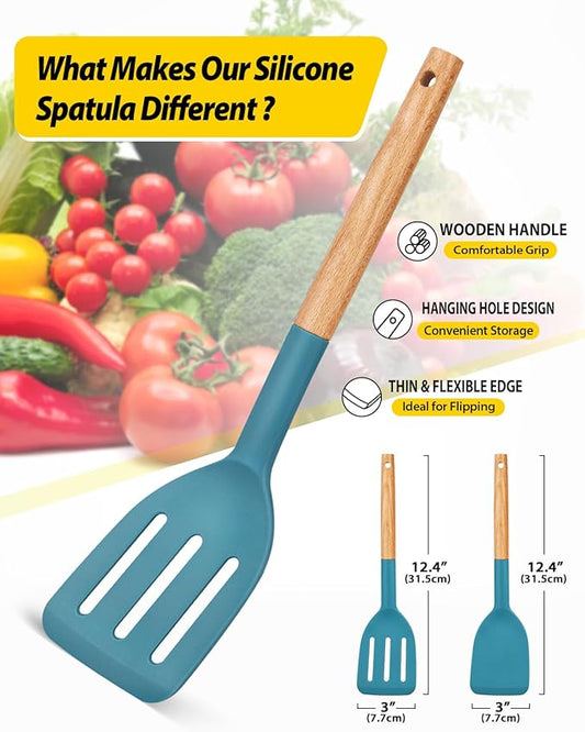 Pack of 2 Silicone Cooking Spatula, Heat Resistant Solid Turner, Non Stick Slotted Spatulas with Wooden Short Handle,Ideal Wood Kitchen Utensils Set for Frying, Baking, Flipping, Turning