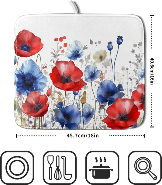 Poppy Flower Dish Drying Mat 16x18 for Kitchen Memorial Independence Day 4th of July USA Red Blue Flower Dishes Dry Pad Drainer Rack Mats Absorbent Hanging Loop Kitchen Accessories