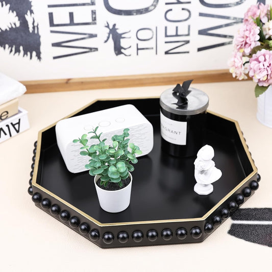 Black Serving Tray for Coffee Table, Octagonal Beaded Plastic Decorative Tray for Ottoman, Kitchen Counter, Living Room, Outdoor Lacquer Tray for Entertaining