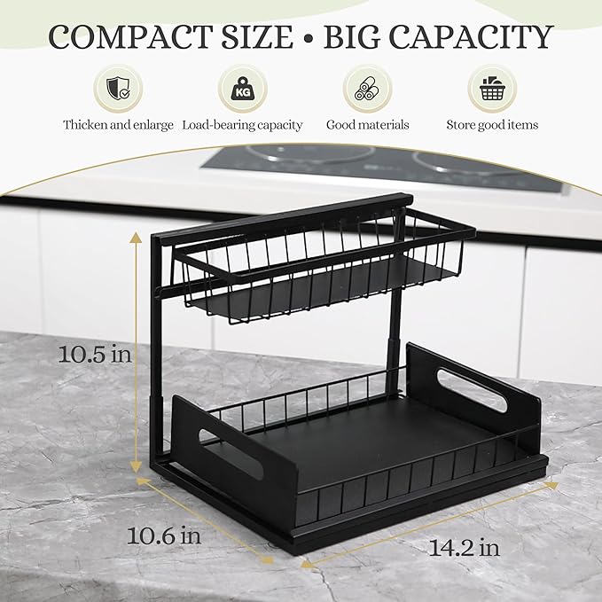 Under Sink Organizer 2-Pack – Pull Out Sliding Storage Rack, L-Shaped Design for Kitchen & Bathroom Cabinet, Heavy-Duty Steel, Easy Install, Black
