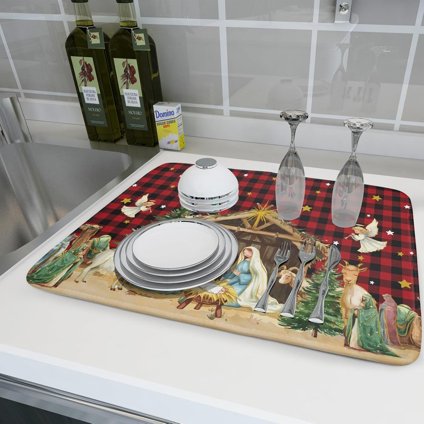 Xmas Dish Drying Mats 18x24 Inch, Red Black Vintage Buffalo Plaid Microfiber Absorbent Dishes Drainer Rack Tableware Protector Pad for Kitchen Counter Home Decor