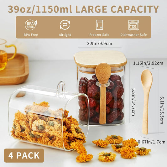 Unbreakable - Glass Jars with Airtight Bamboo Lid and Spoon, 4Pcs 39OZ Overnight Oats Containers, Kitchen Canisters, Glass Food Storage Containers for Coffee Beans, Flour, Sugar, Cookie,Pasta
