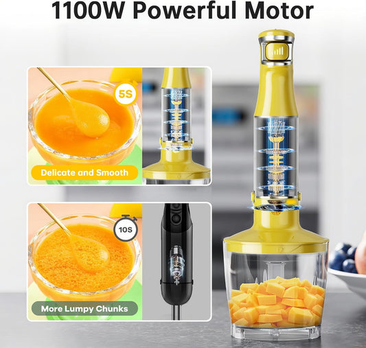Immersion Blender Handheld Corded Hand Blenders Set 1100W, Trigger Variable Speed 5 in 1 Stick Emulsifier with Chopper, Whisk and Frother for Soup, Baby Food and Smoothies, Yellow