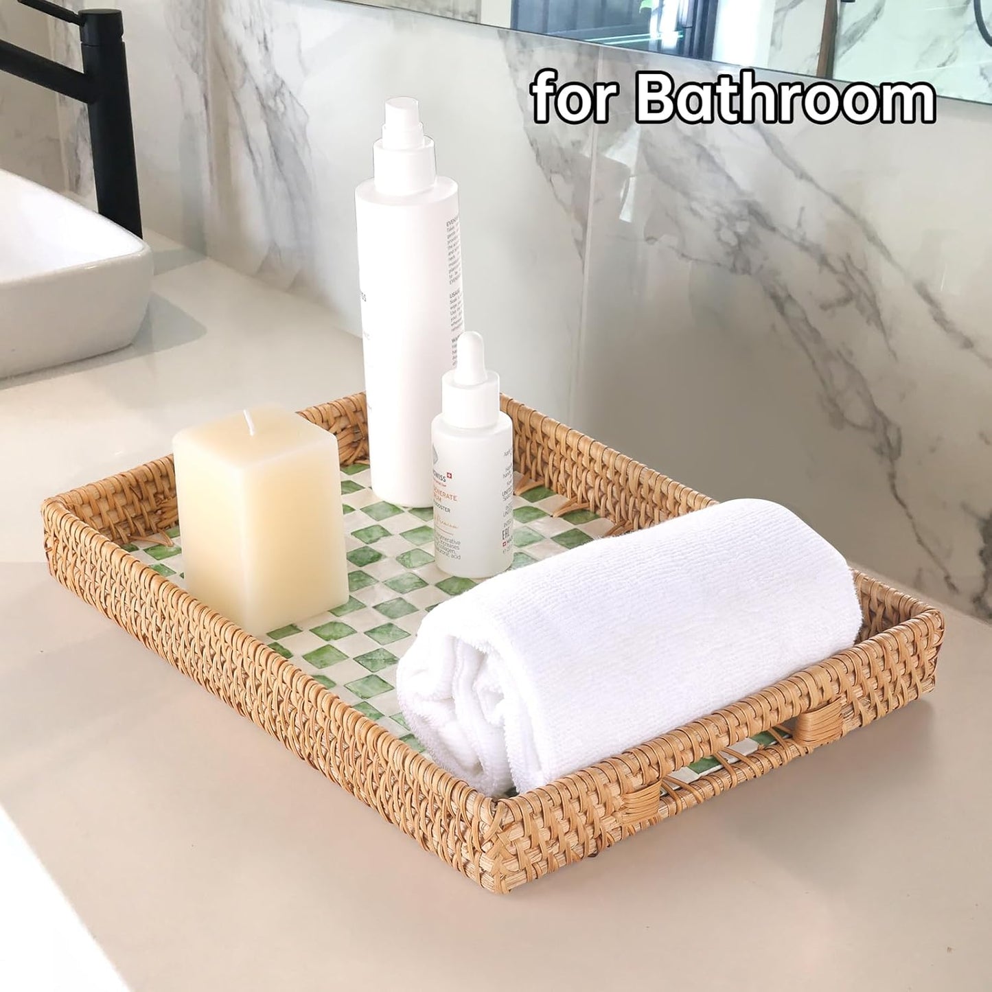 Rectangle Rattan Tray with Mother of Pearl Inlay, Rattan Serving Tray with Handle for Coffee, Bread, Fruits, Decorative Wicker Tray for Table Decor (Rectangle Green Checkerboard, 13"×9")