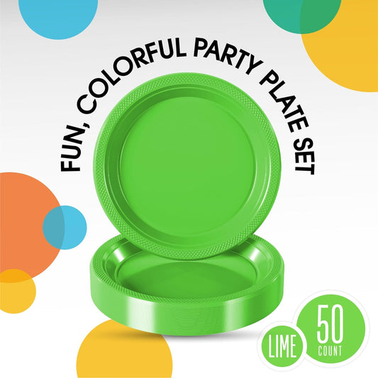 Exquisite Party Solids Lime Green Plastic Plates For Party Supplies 7" Lime Green Disposable Plates Heavy Duty 50 Pcs Plastic Dinnerware Sets Heavy Duty 350 GSM Disposable Dinnerware Set